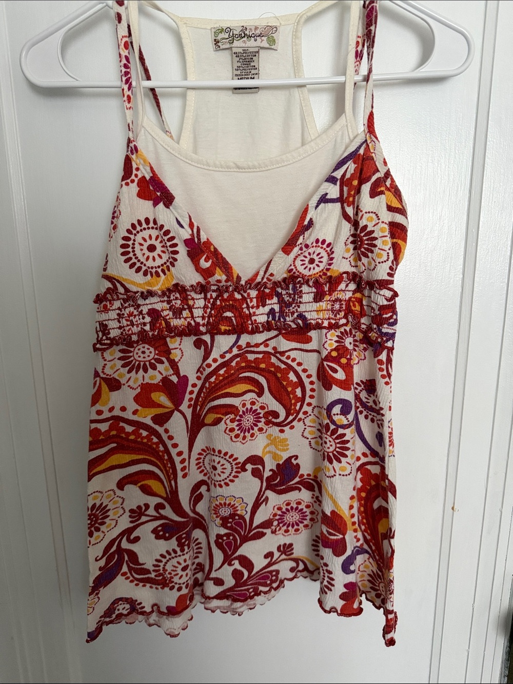 Vintage Y2K babydoll layered look Tank Top in Cream with Red & Orange Print